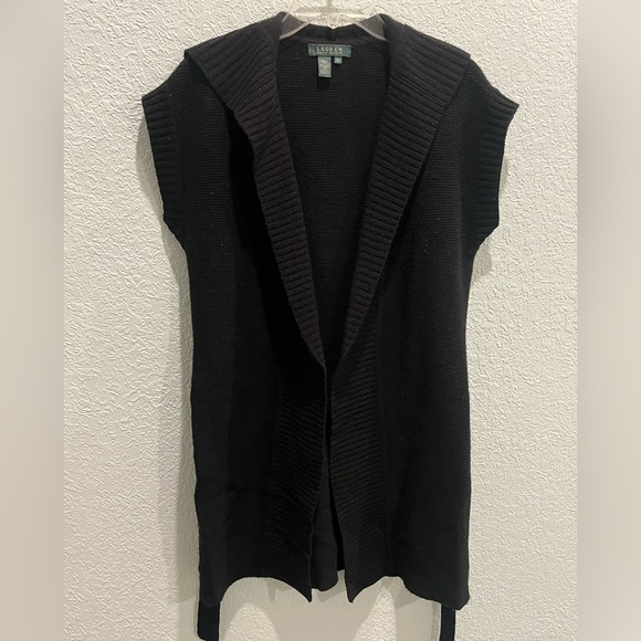Lauren Ralph Lauren Sweaters - LAUREN RALPH LAUREN Black Knit Short Sleeve Hooded Longline Cardigan Size XS